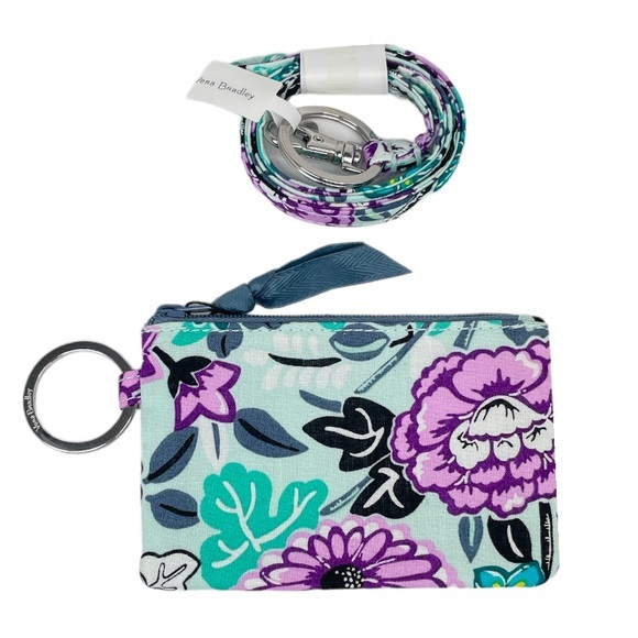 Vera Bradley Penelope’s Garden Zip ID Case and Lanyard Purple Blue Green - Picture 6 of 6